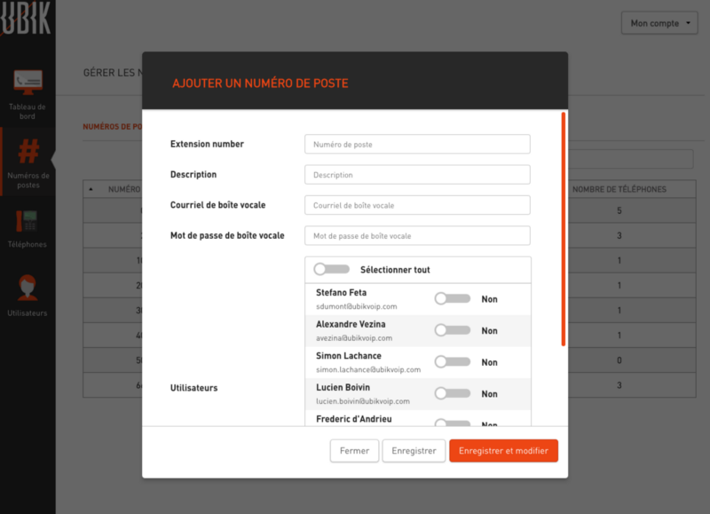 Options d'ajout de numéro de poste