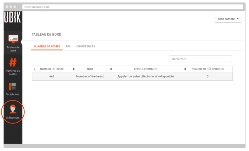 Section Utlisateurs dans l'interface